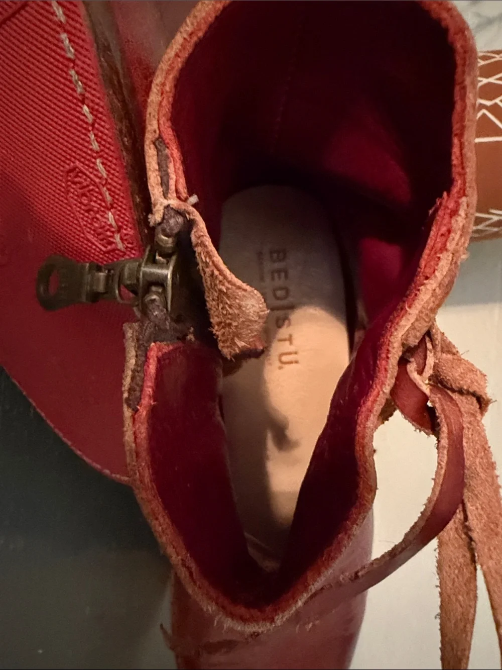 Bed Stu Burnt Red Leather Lace-Up Ankle Booties with Side Zip